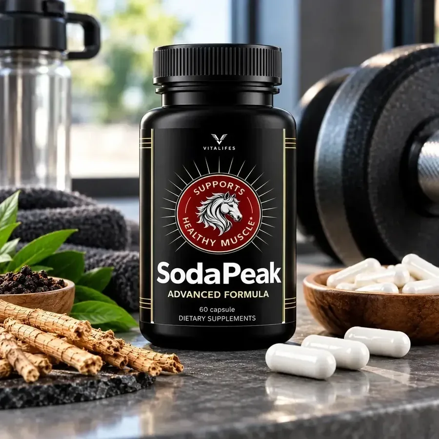 A black SodaPeak bottle beside a dumbbell, a shaker bottle, root pieces and white capsules, supplied by the vendor