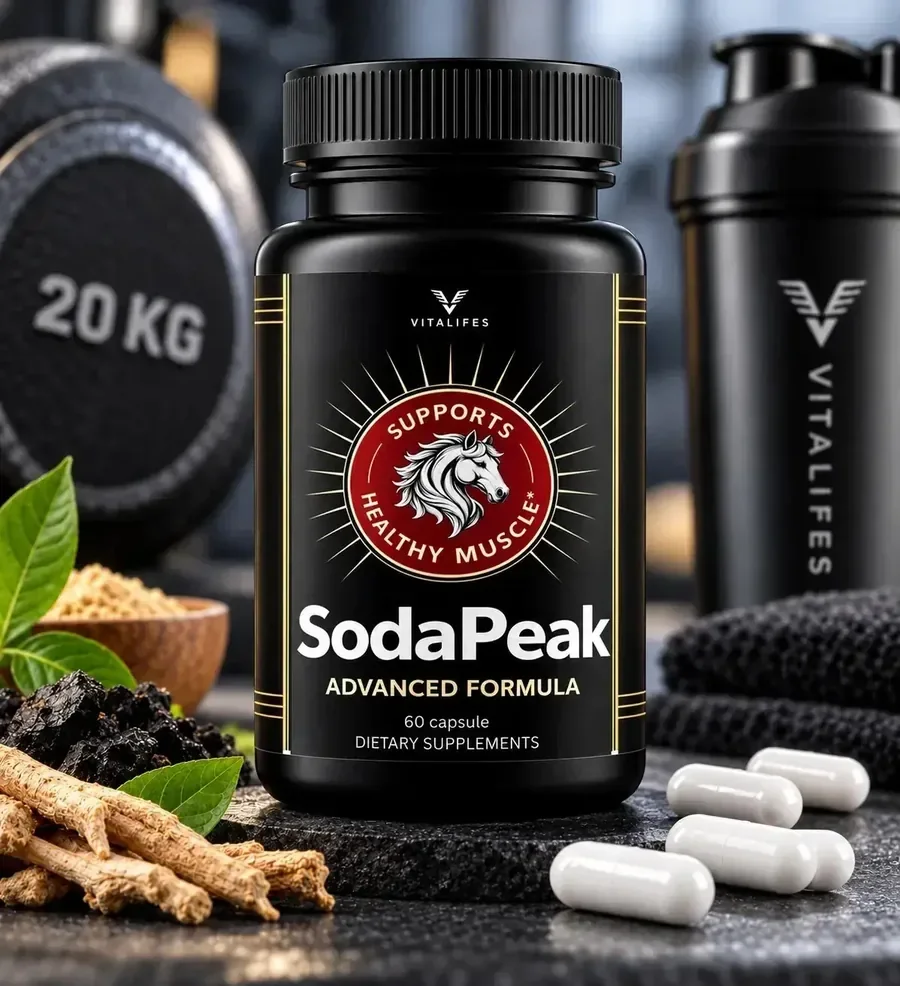 A black SodaPeak bottle beside root pieces, a dumbbell and white capsules, supplied by the vendor