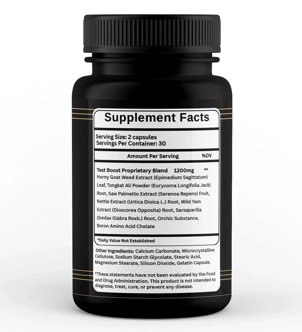 The back of the black SodaPeak bottle: a white Supplement Facts panel listing a serving of 2 capsules, 30 servings per container, the Test Boost Proprietary Blend of 1200 mg with 8 names, other ingredients and the FDA statement