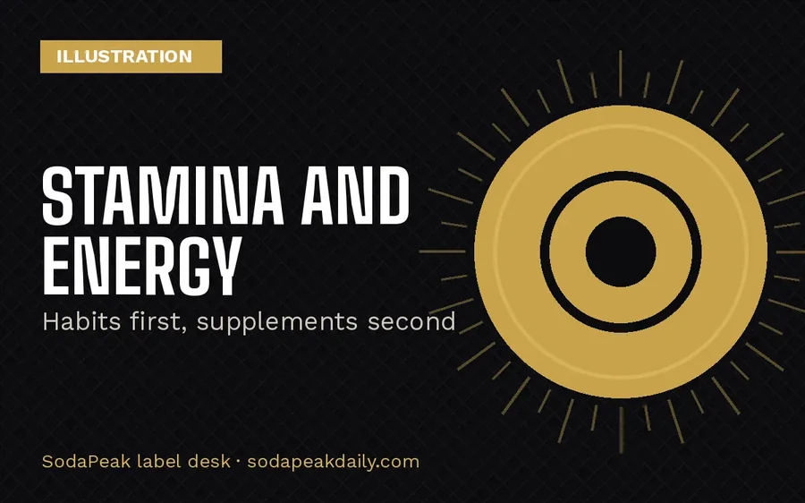 Brand title card reading Stamina and energy, habits first, supplements second