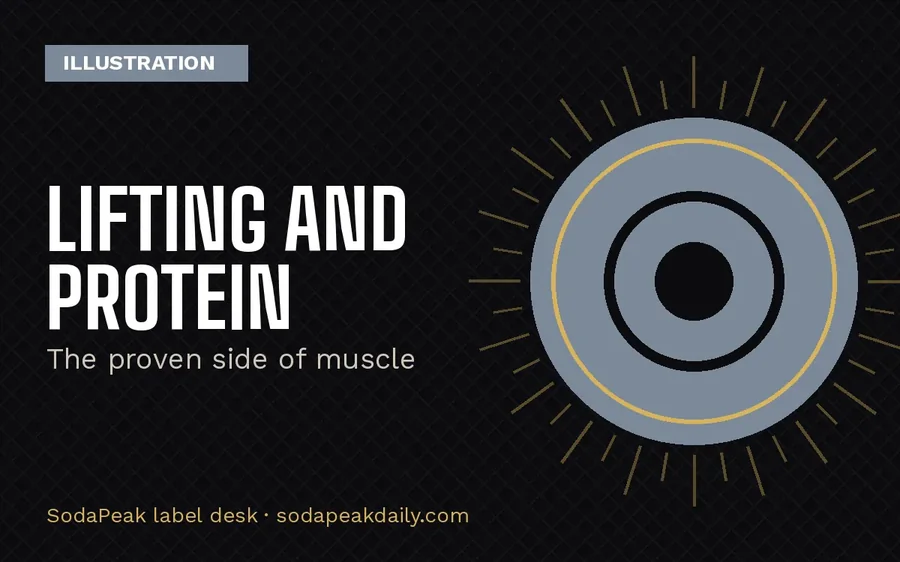 Illustration card reading Lifting and protein, the proven side of muscle