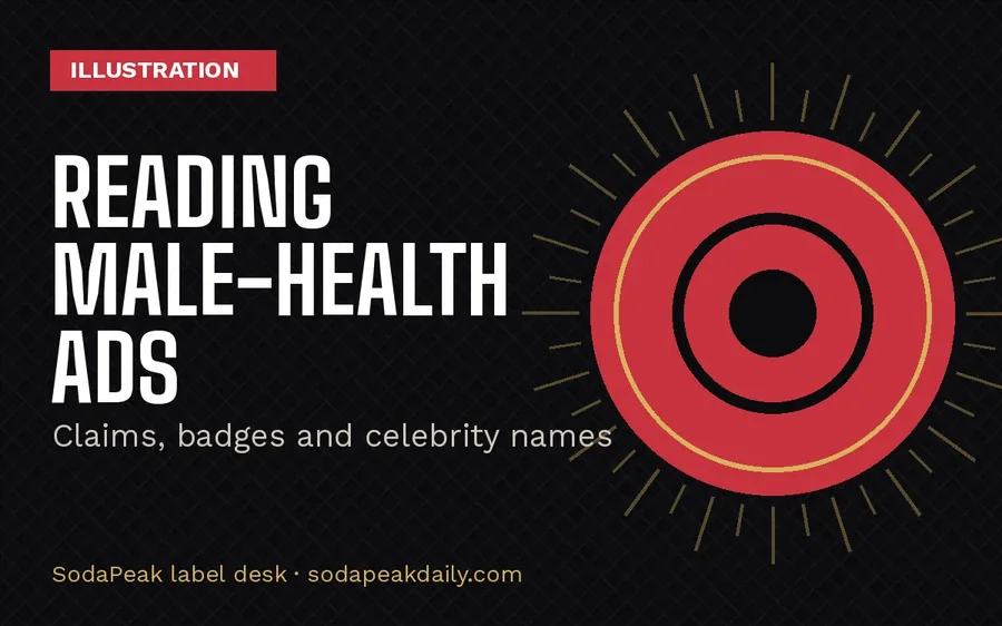 Brand title card reading Reading male-health ads, claims, badges and celebrity names