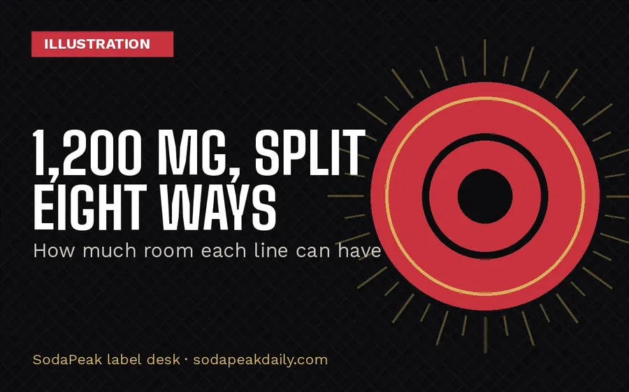 Brand title card reading 1,200 mg, split eight ways, how much room each line can have