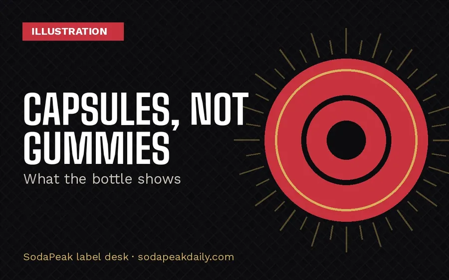 Brand title card reading Capsules, not gummies, what the bottle shows