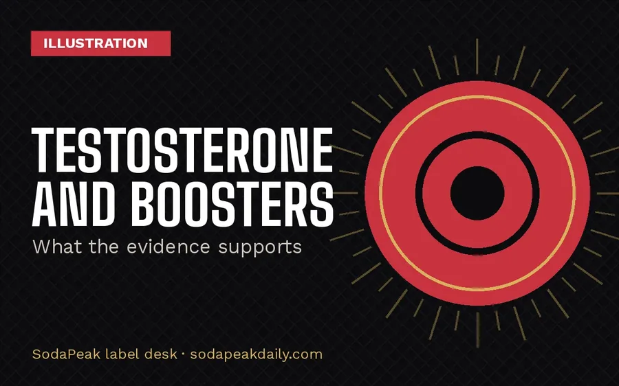 Illustration card reading Testosterone and boosters, what the evidence supports